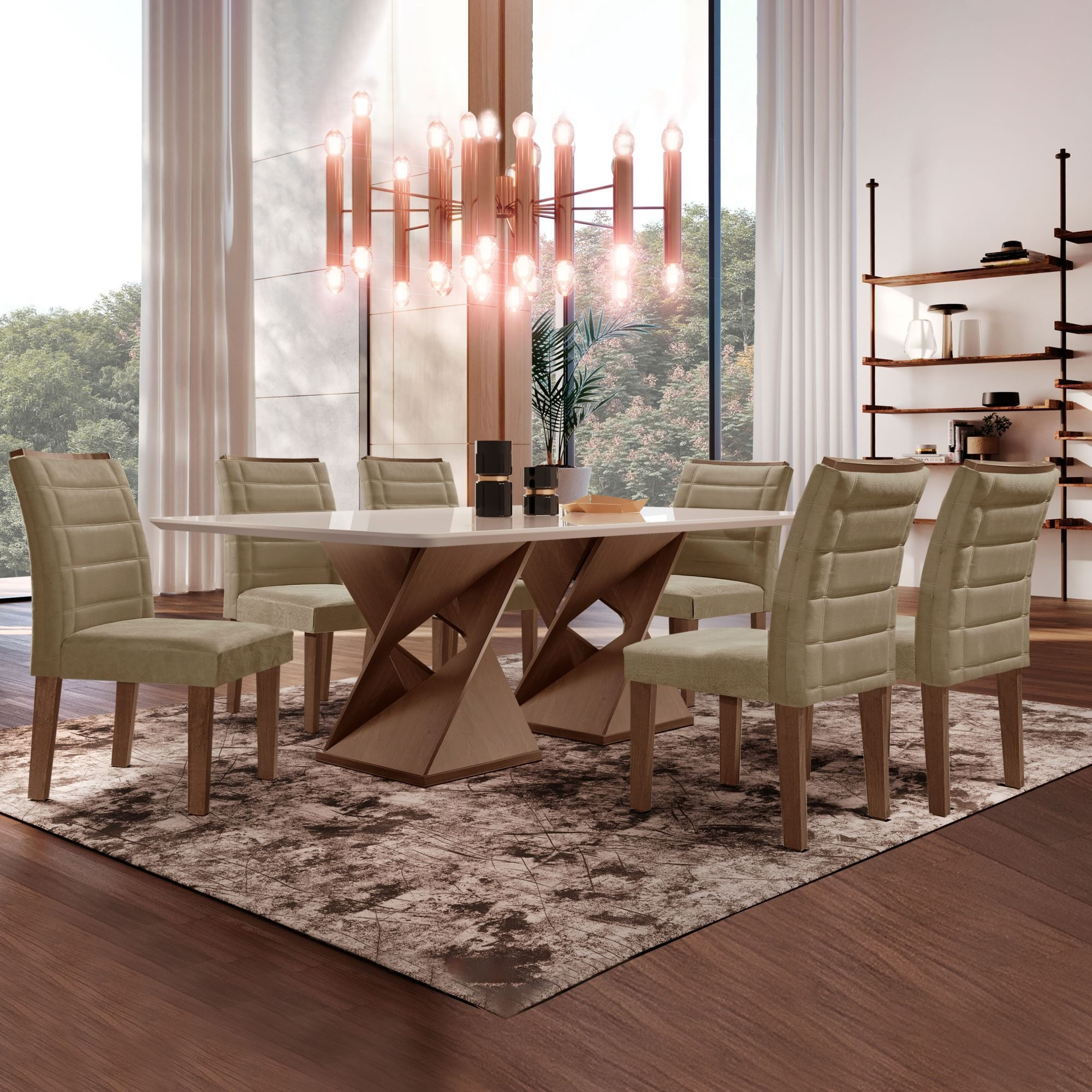 Conjunto Sala De Jantar Genova Tampo Vidro/mdf Com 6 Cadeiras Genova Smart Plus Cel Móveis Chocolate/off White/marrom Claro