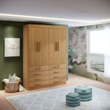 Guarda-roupa Infantil 4 Portas Frente Mdf Puxador De Madeira Aquarela Cinamomo