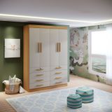 Guarda-roupa Infantil 4 Portas Frente Mdf Puxador De Madeira Aquarela Cinamomo/off White