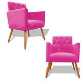 Kit Decorativo Duas Poltrona Nina Retro Pés Palito Suede Rosa Pink Com Roda Pé Eli Móveis