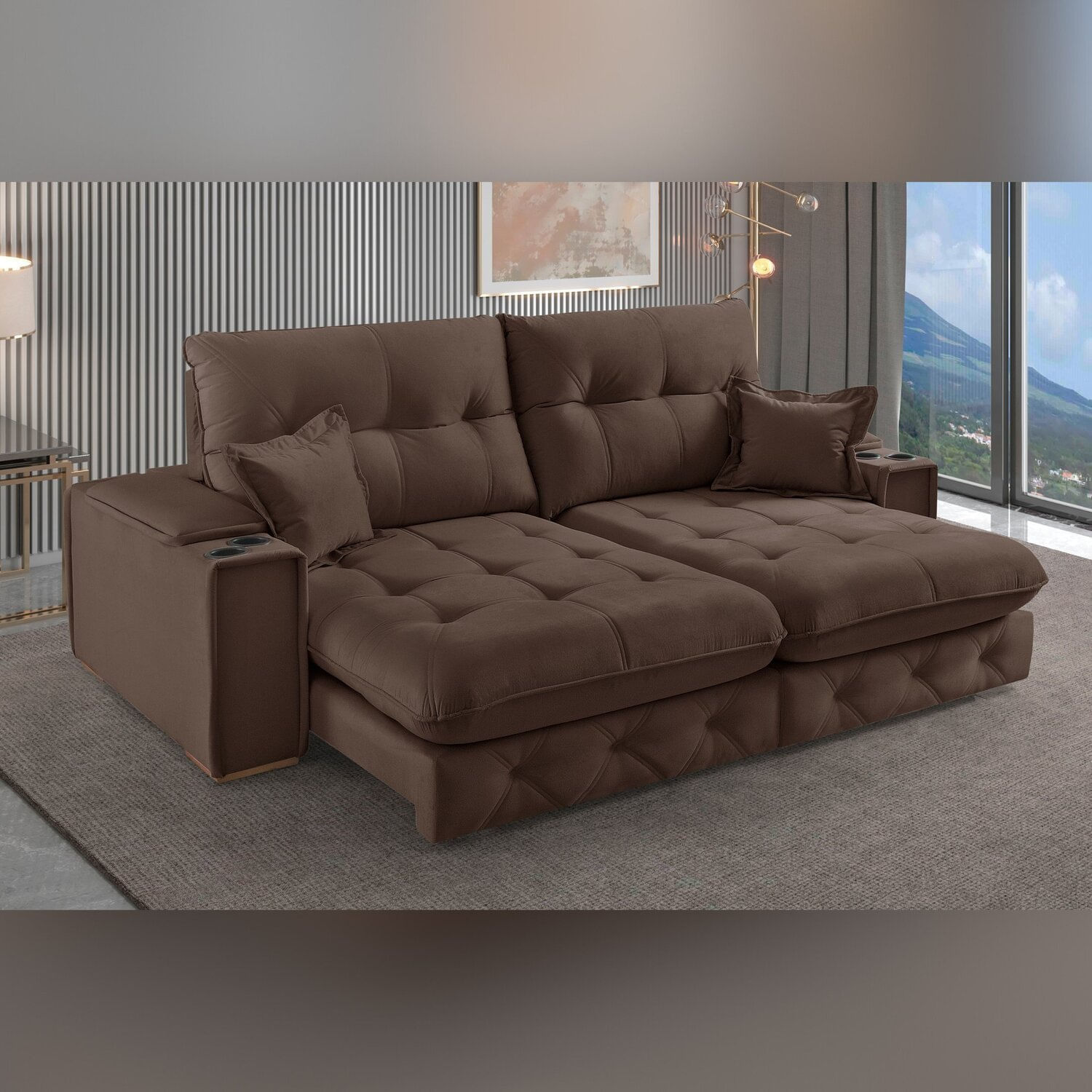 Sofá Retrátil Reclinável Com Porta Copos 230cm Istambul Yescasa Marrom Escuro