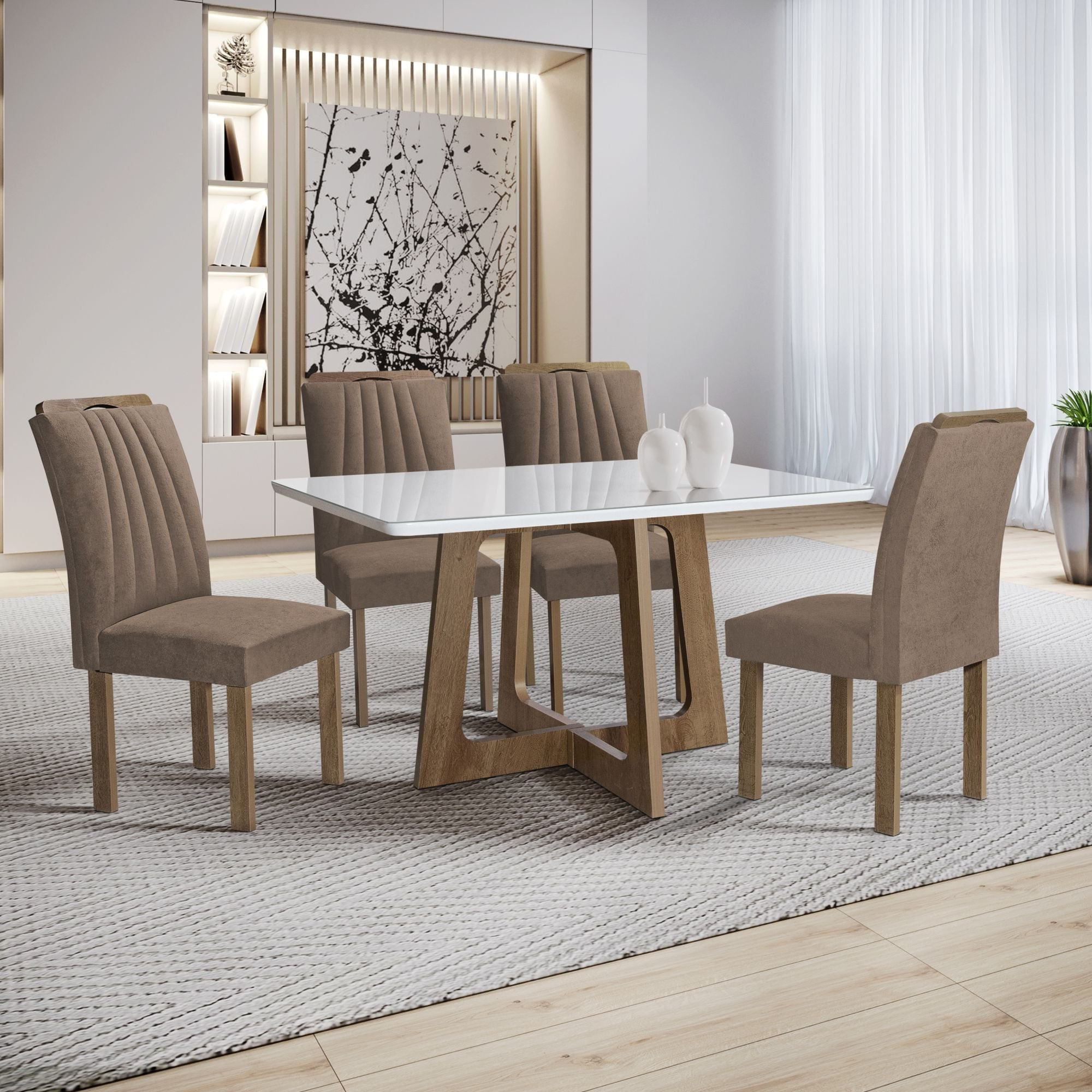 Conjunto Mesa Arizona 120cm Com 4 Cadeiras Arizona Tampo Smart Plus Com Vidro Chocolate/off White/bege Escuro