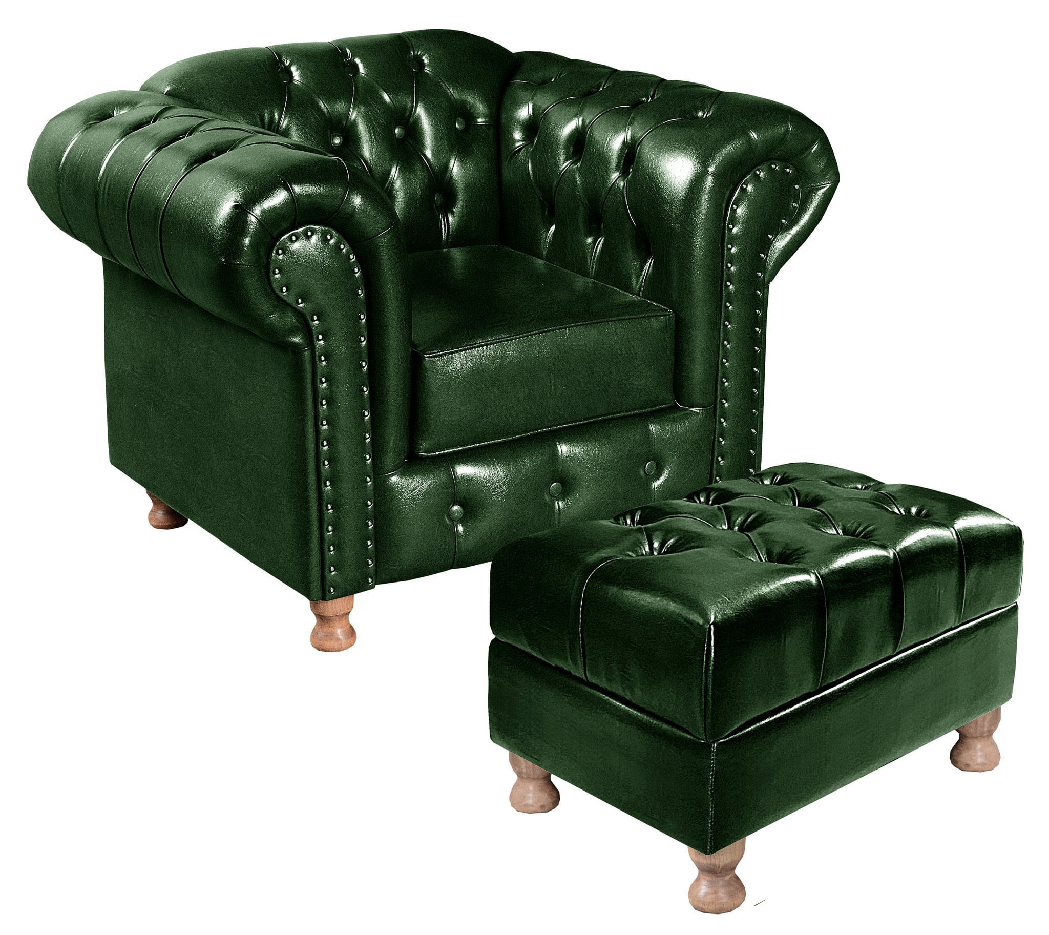 Poltrona Chesterfield Com Puff Capitonê Luís Xv Verde