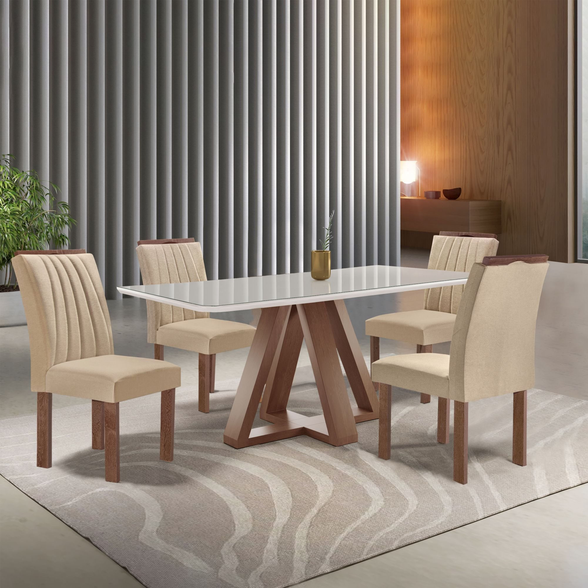 Conjunto Mesa Tampo Smart Plus Vidro Kyra 120cmx90cm 4 Cadeiras Arizona Chocolate/off White/suede Cru