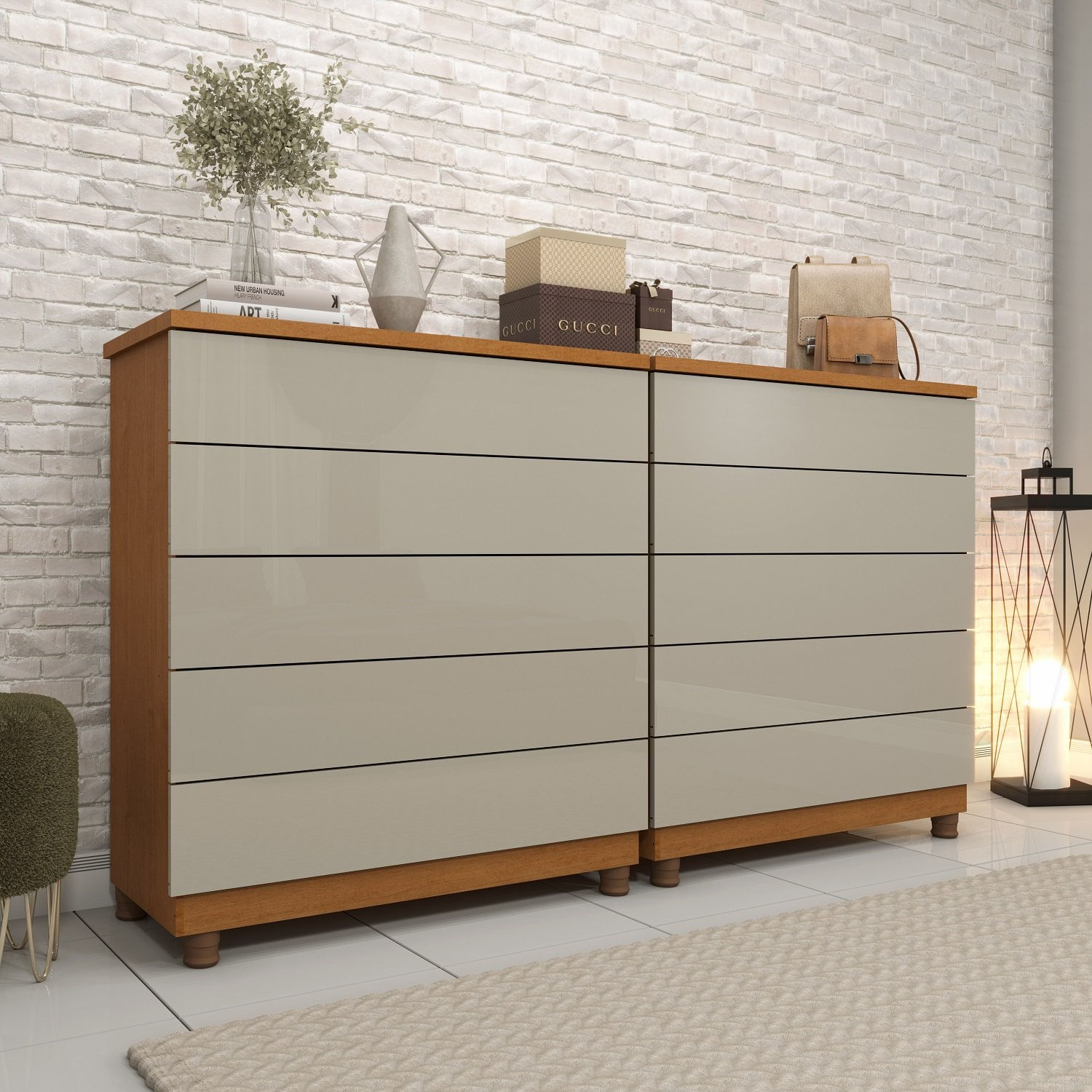 Kit 2 Cômodas 5 Gavetas Com Pés Espresso Móveis Cinamomo/off White