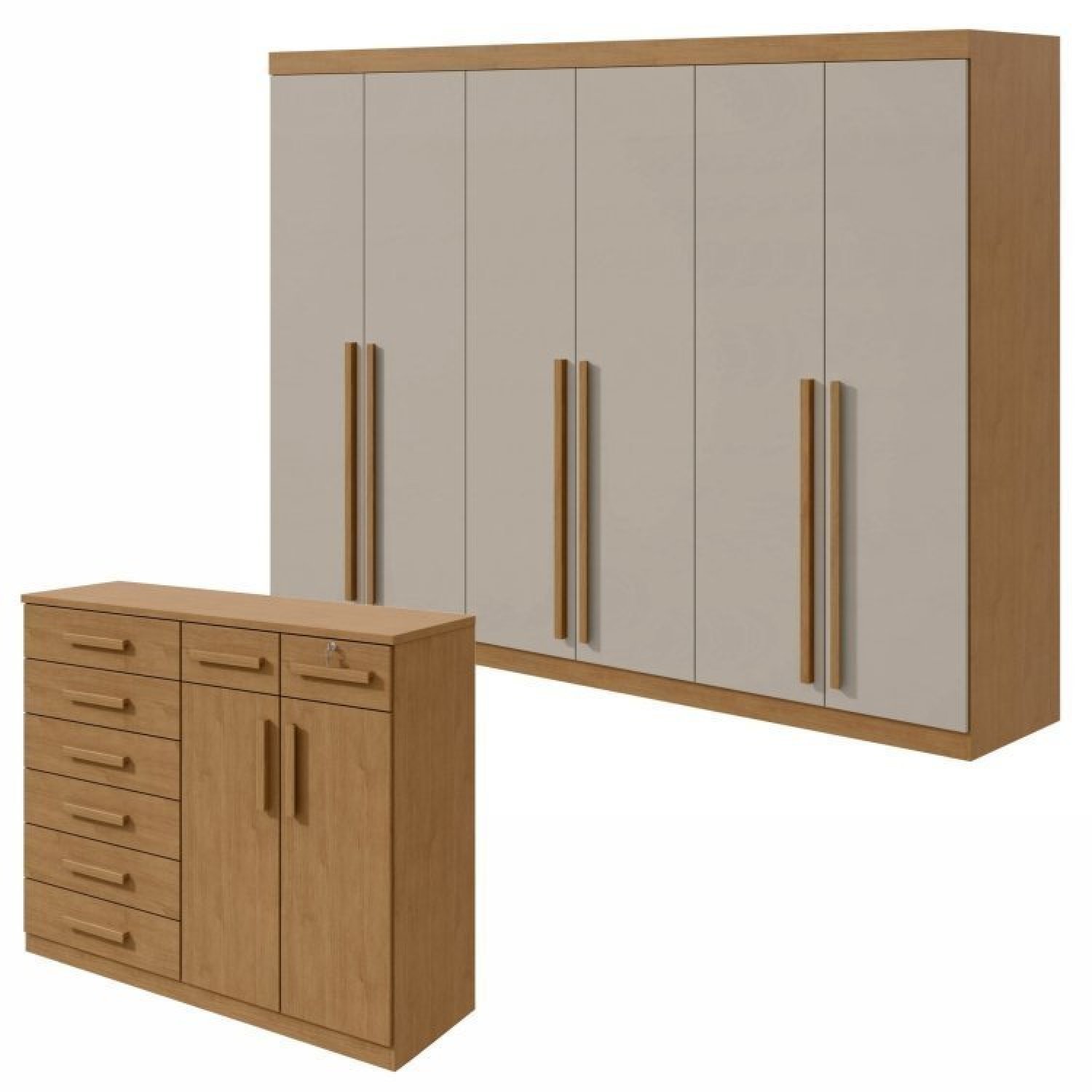 Conjunto De Guarda-roupa 6 Portas Bertha Com Cômoda Toronto Amêndoa Clean/off White