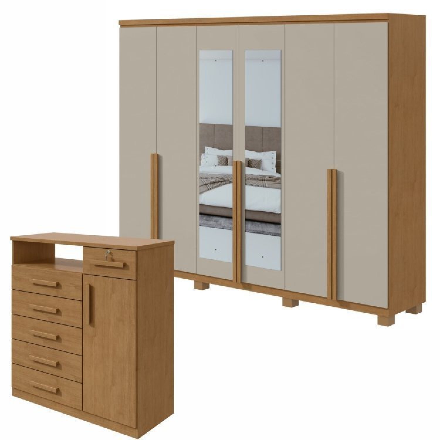 Conjunto Guarda-roupa Alonzo Com Espelho E Pés E Cômoda Da Vinci Com Nicho Amêndoa Clean/off White