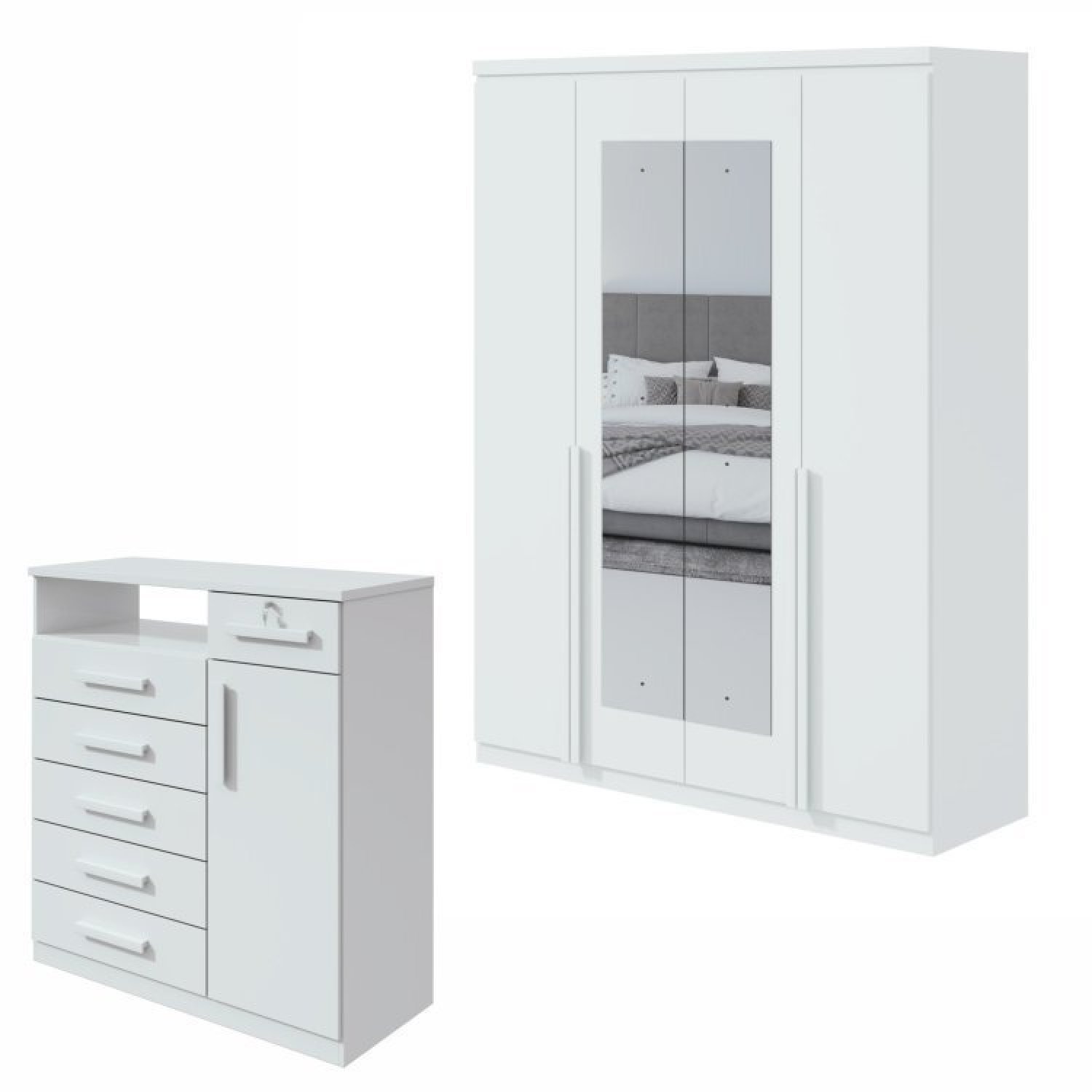 Conjunto De Guarda-roupa Alonzo Com Espelho E Cômoda Da Vinci Com Nicho Branco