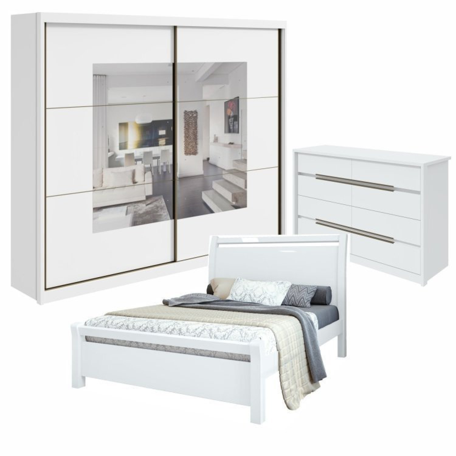 Conjunto Com Guarda-roupa Casal Com Espelho Toronto Plus E Cômoda Urban E Cama Casal Reali Branco