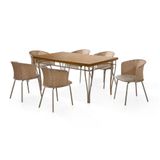 Mesa De Jantar Retangular Aço Nobre Roma Com Tampo Ripado E 6 Cadeiras Estofadas Revestidas Em Junco Sintético