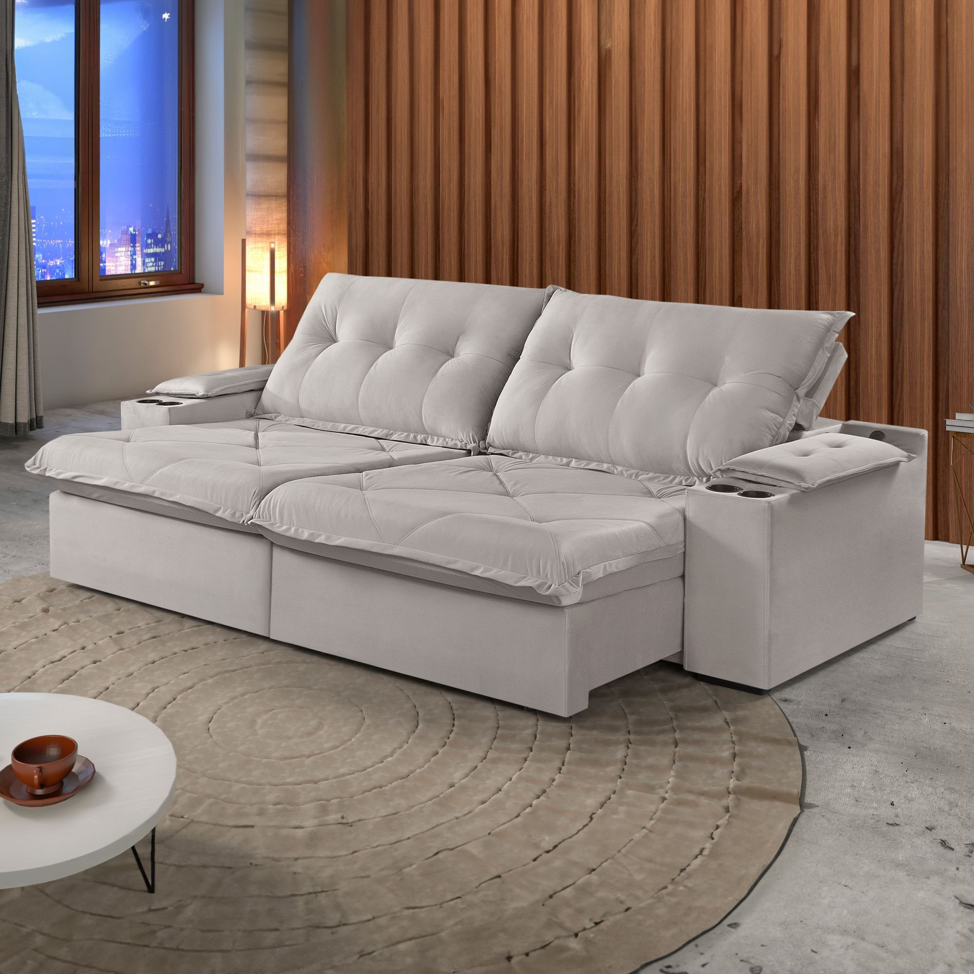 Sofá Retrátil E Reclinável 250cm M163 Com Porta Copos Yescasa Veludo/cinza Claro