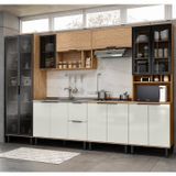 Cozinha Modulada Toscana 6 Peças Mdf Com Paneleiro 1 Forno E Cristaleira Freijó/off White