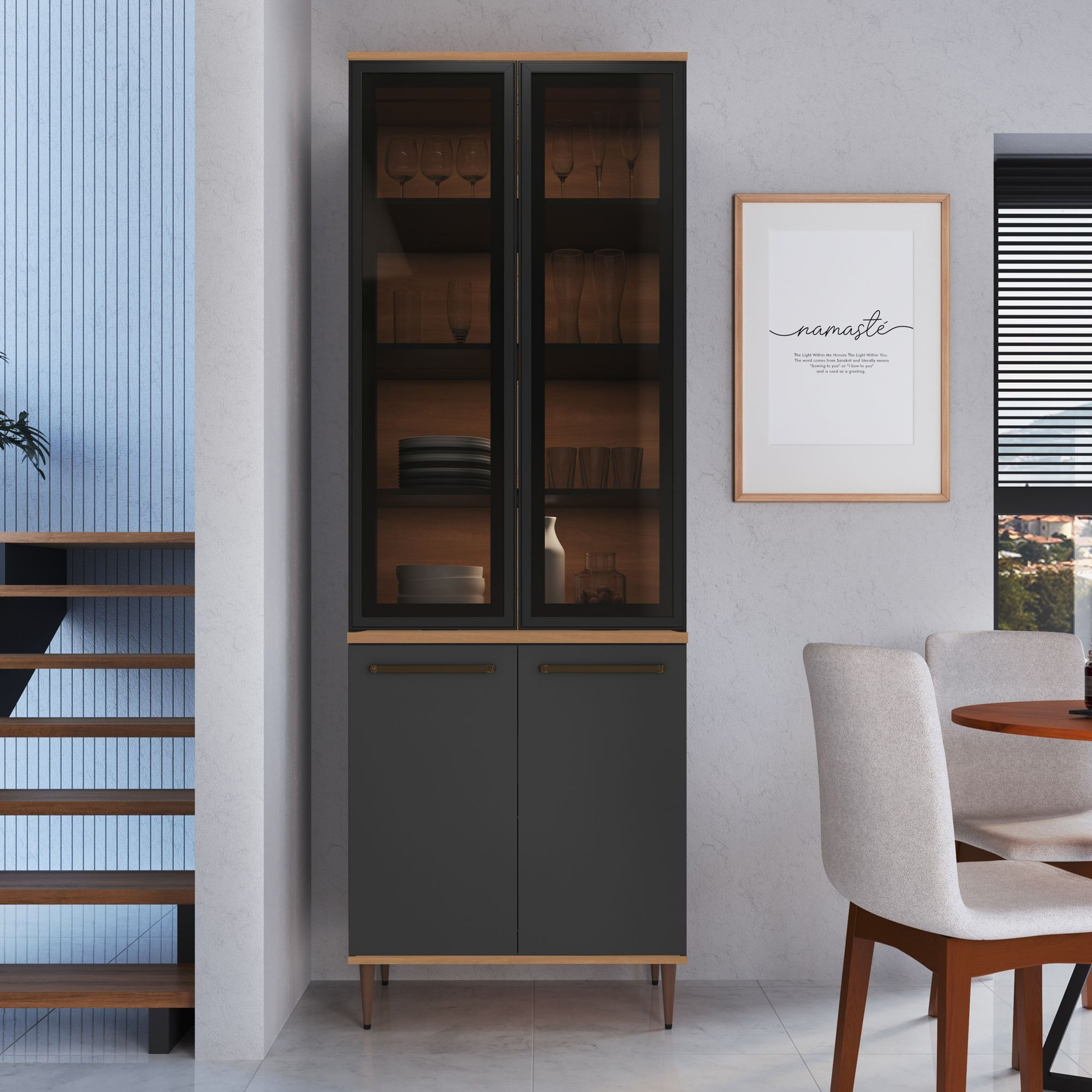 Armário Paneleiro 0,8m 4 Portas Vidro Fume Isabelle Freijó/grafite