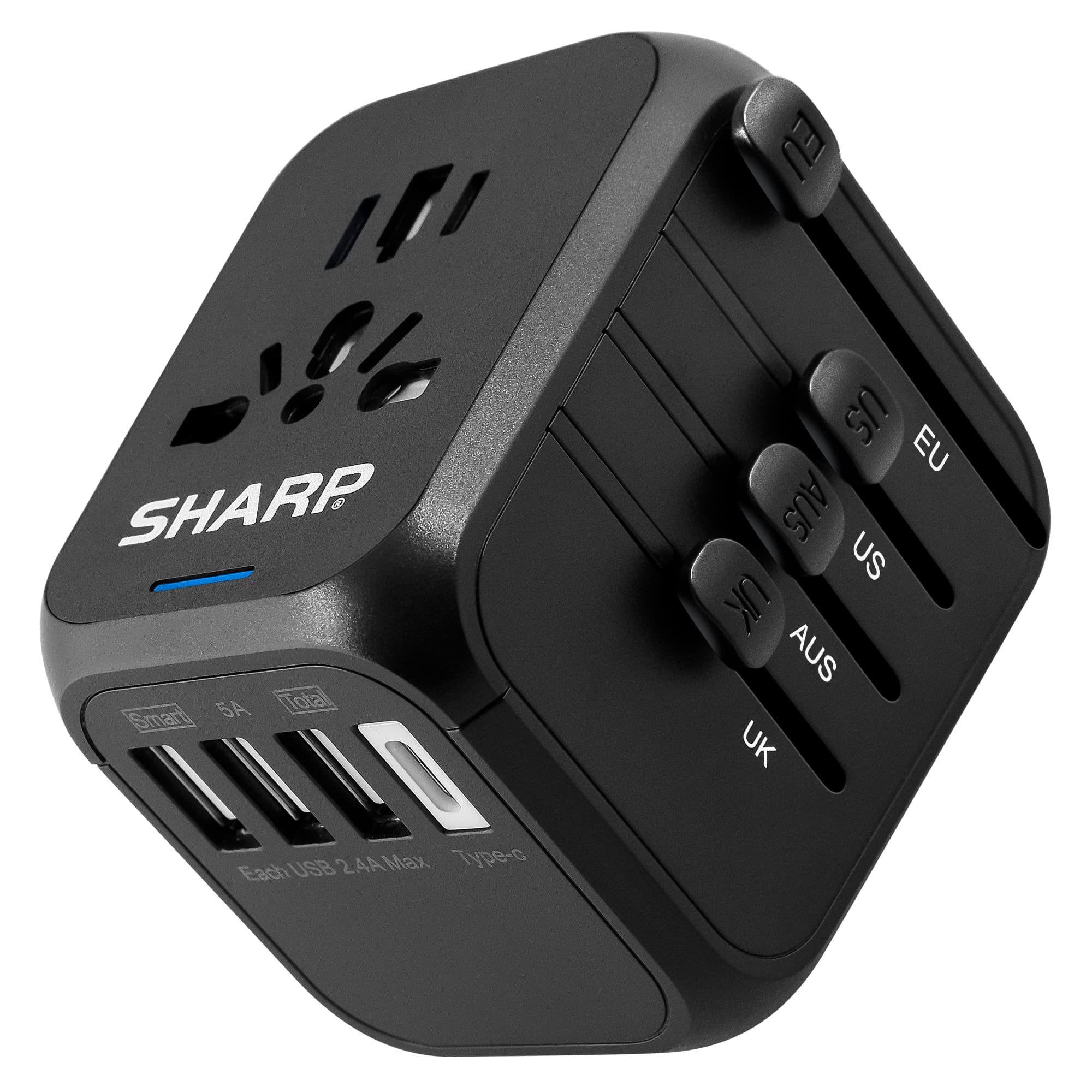Adaptador De Viagem Universal Sharp Worldwide Com 3 Usb-a 1 Usb-c