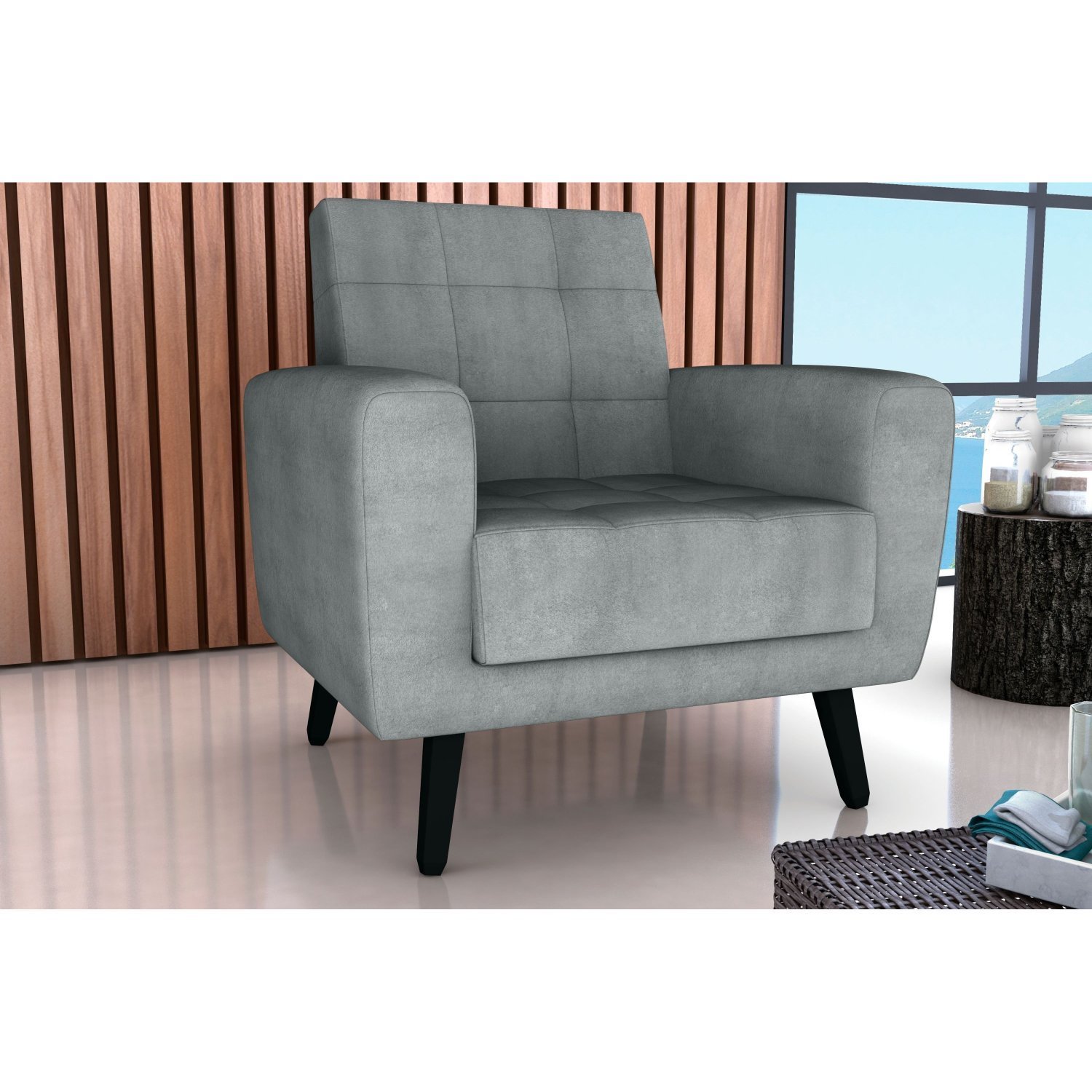 Poltrona Para Sala De Estar Em Veludo Lívia Boucle Cinza