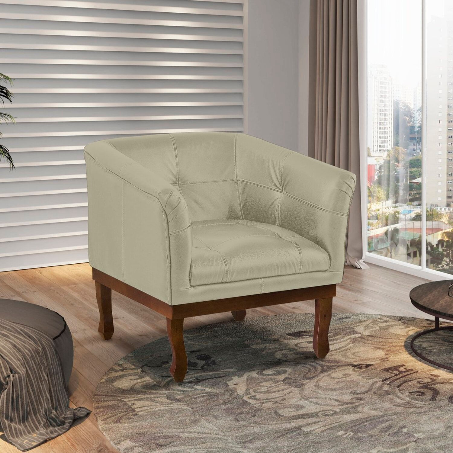 Poltrona Estofada Madeira Maciça Noah Couro Legítimo Bege Tiza