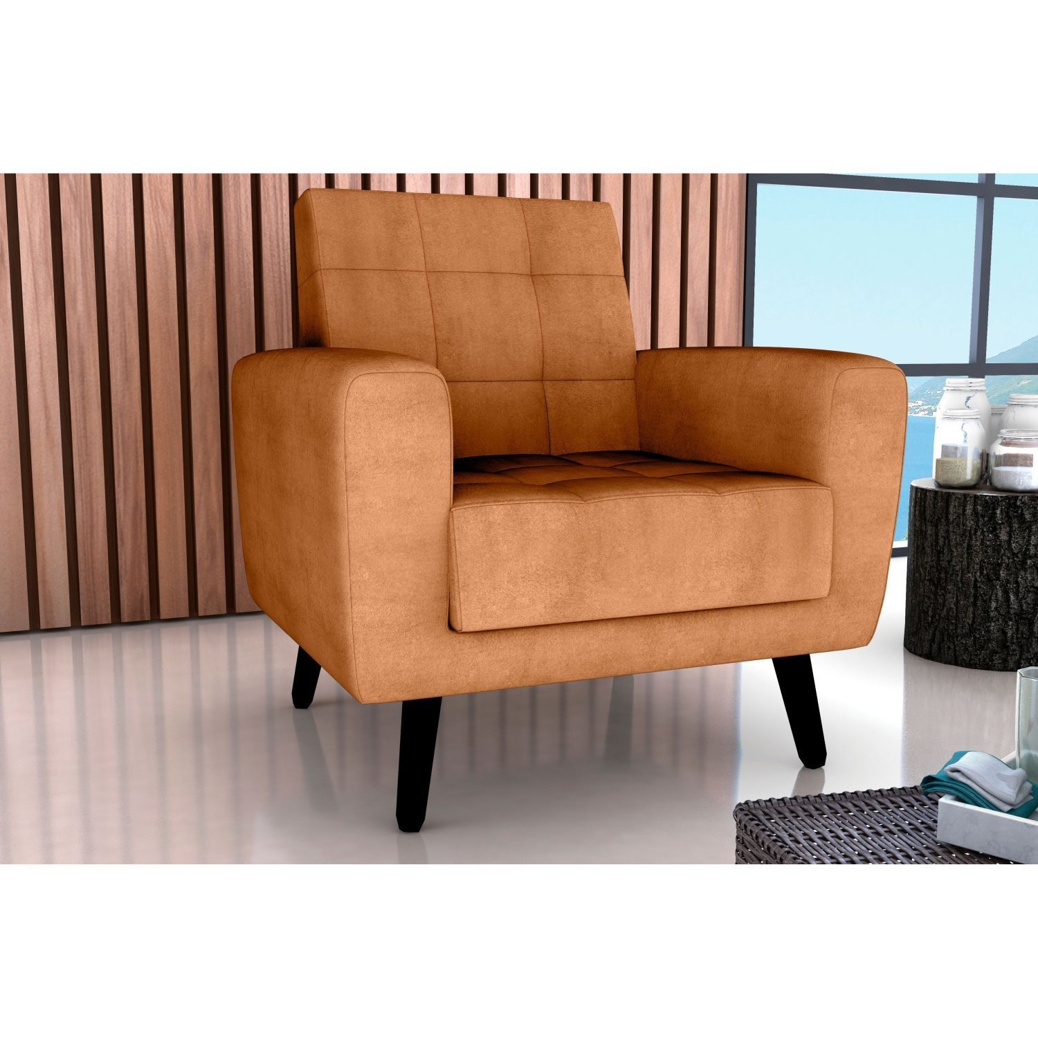 Poltrona Para Sala De Estar Em Veludo Lívia Boucle Mostarda