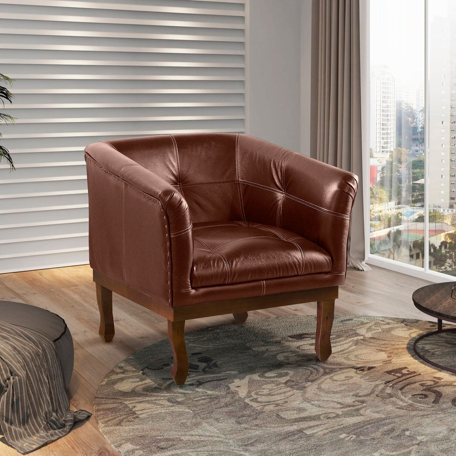 Poltrona Estofada Madeira Maciça Noah Couro Legítimo Conhaque