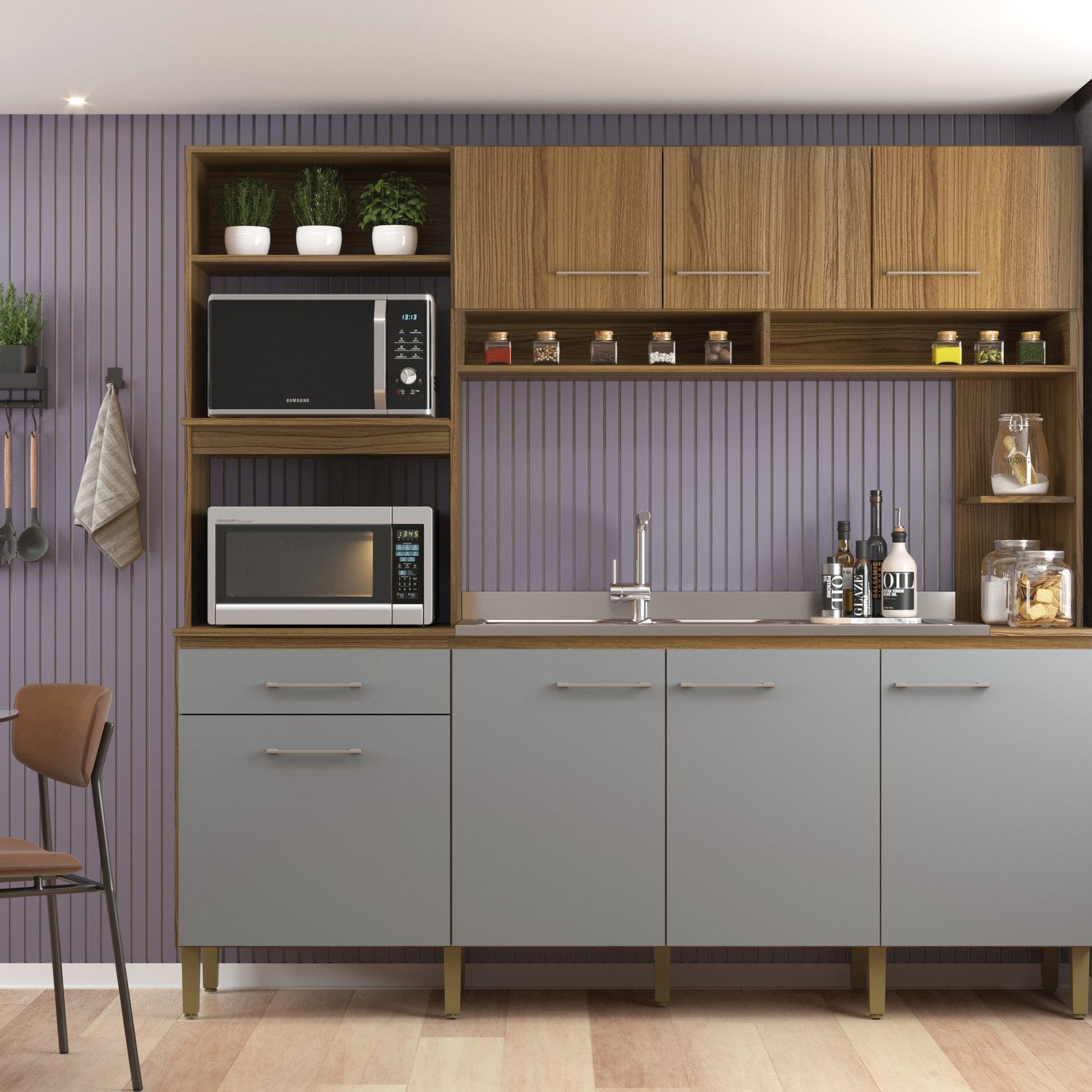 Cozinha Compacta 7 Portas E 1 Gaveta Ipê/cristalo