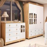 Quarto Infantil Com Guarda-roupas E Cômoda Com Janelas 100% Mdf Maya Clássico Espresso Móveis Branco Brilho/amêndoa