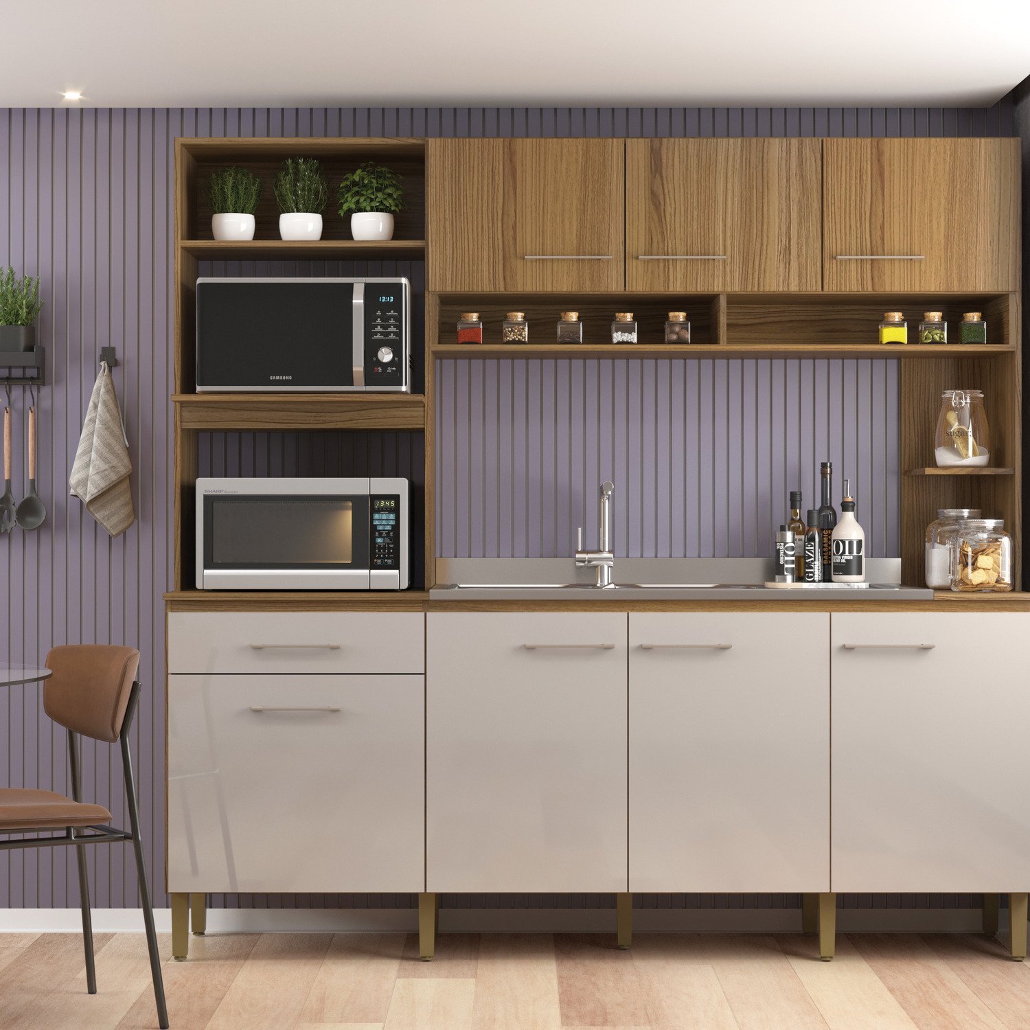 Cozinha Compacta 7 Portas E 1 Gaveta Ipê/cristalo