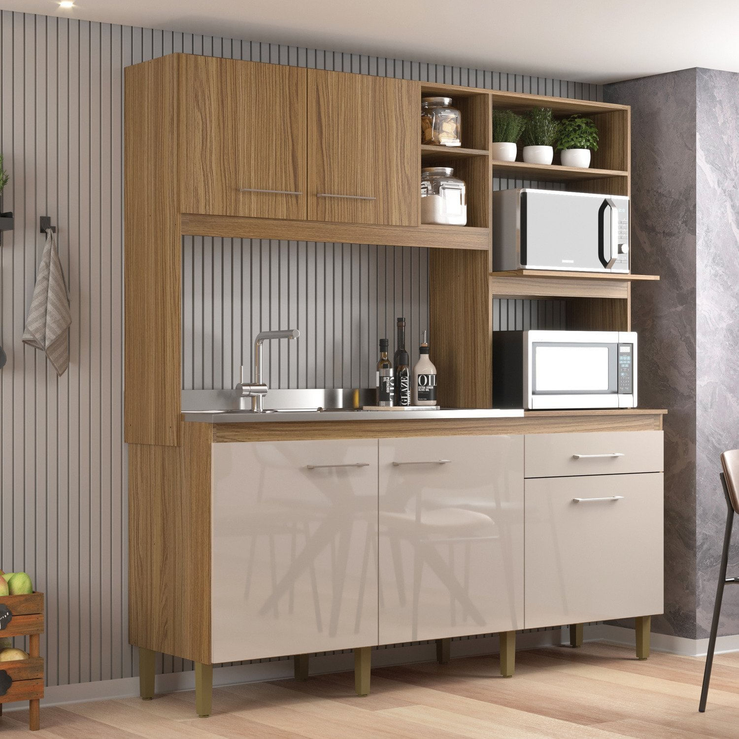 Cozinha Compacta 5 Portas E 1 Gaveta Ipê/cristalo