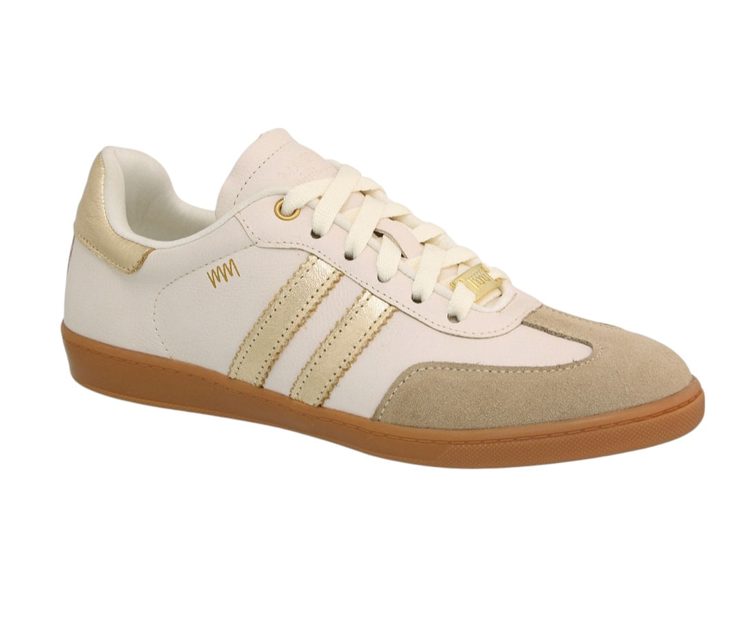Tênis Feminino Casual Couro Emma Creme Dourado Marina Mello