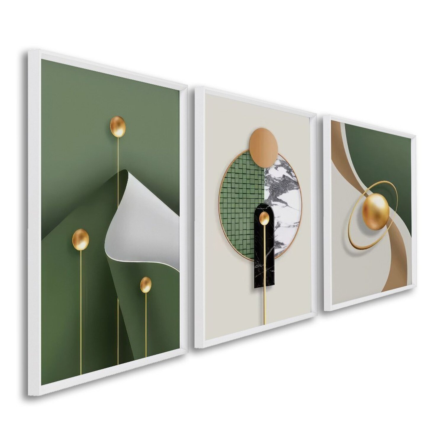 Quadro Decorativo Geométrico Formas Abstratas Com 3 Telas De Parede Para Sala Quarto Escritório 60cm Com Vidro Branco