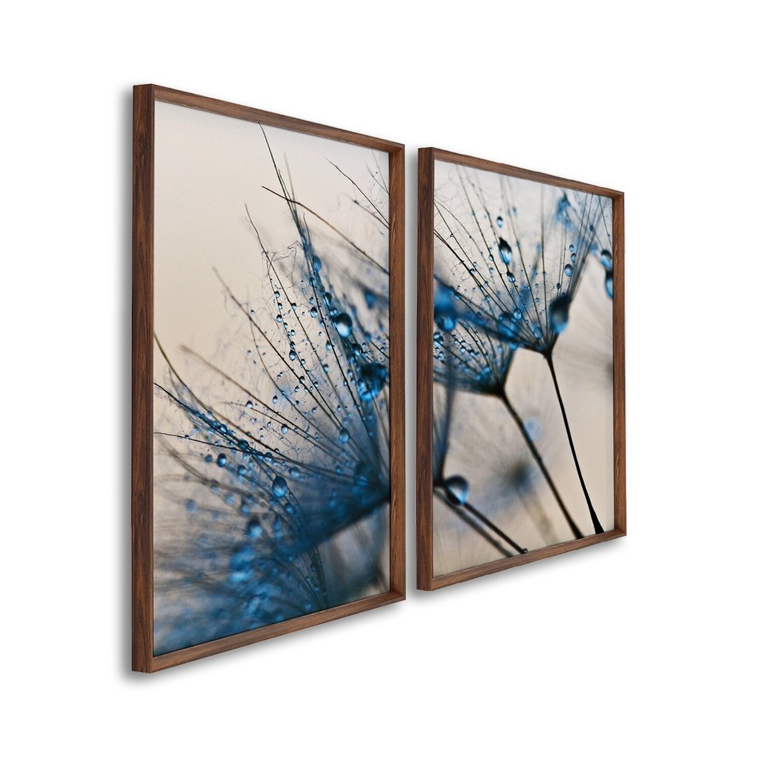 Quadro Decorativo Dente De Leão Azul Com 2 Telas De Parede Para Sala Quarto Escritório 60cm X 90cm Com Vidro Marrom