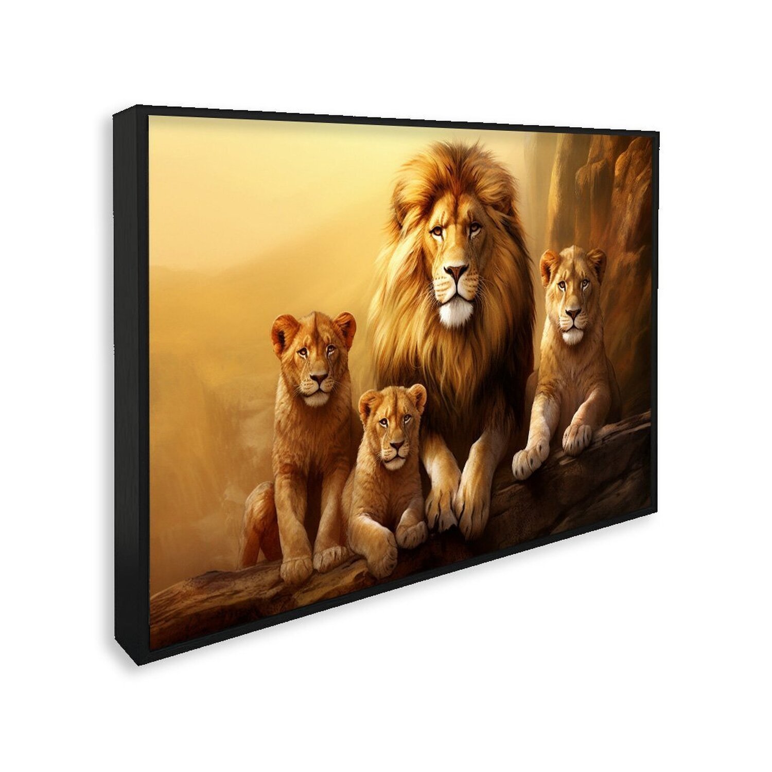 Quadro Decorativo Família De Leões Com 1 Tela Cm Ou Cm De Parede Para Escritório Banheiro Hall 60cm Sem Vidro Preto