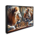 Quadro Decorativo Leão E Tigre Jogo De Xadrez Com 1 Tela Cm Ou Cm De Parede Para Sala Hall Igreja 60 Sem Vidro Preto
