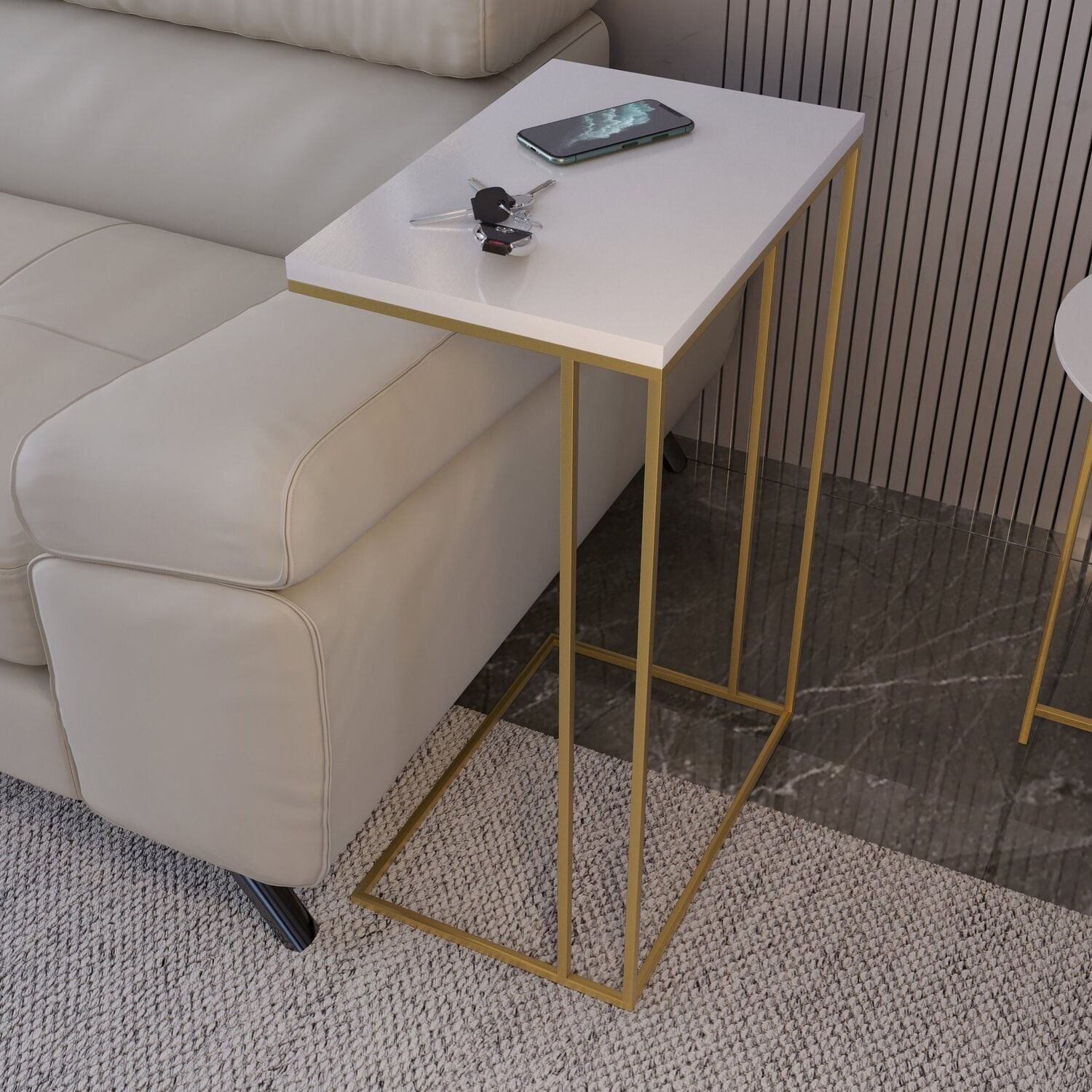 Mesa Lateral Greco 67cm X 45cm X 30cm Branco / Dourado