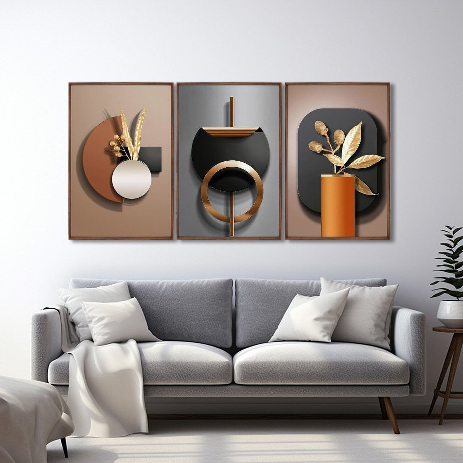 Quadro Decorativo Geométrico Abstrato Marrom Com 3 Telas De Parede Para Sala Quarto Escritório 60cm Sem Vidro Marrom