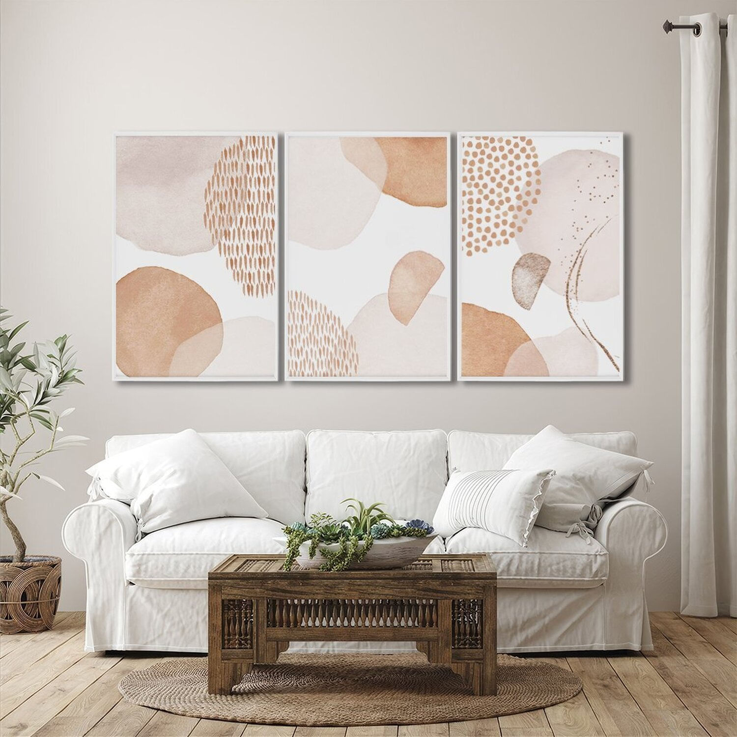 Quadro Decorativo Abstrato Floral Com 3 Telas De Parede Para Sala Quarto Escritório 60cm X 90cm Com Vidro Branco