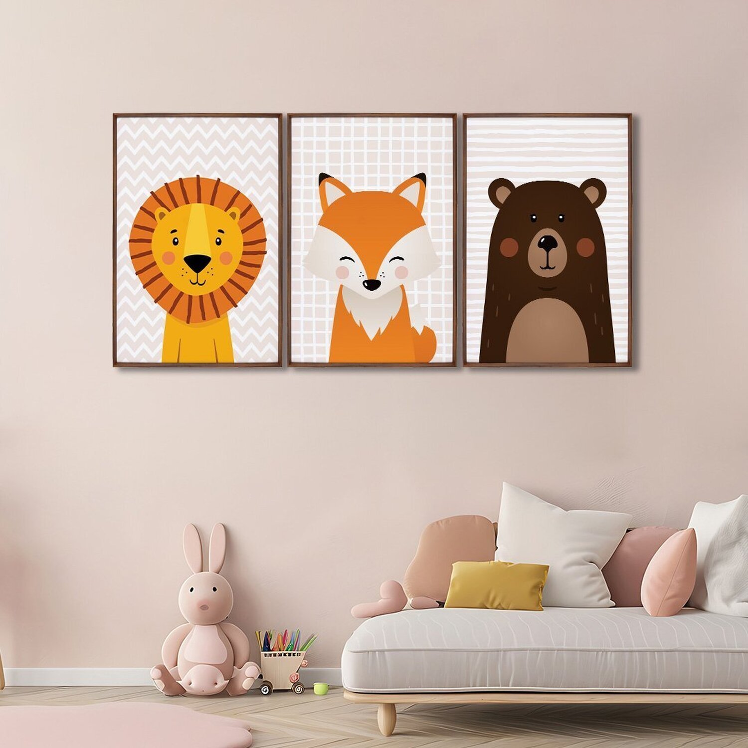 Quadro Decorativo Infantil Amigos Da Selva Com 3 Telas De Parede Para Quarto Sala Brinquedoteca 60cm Sem Vidro Marrom
