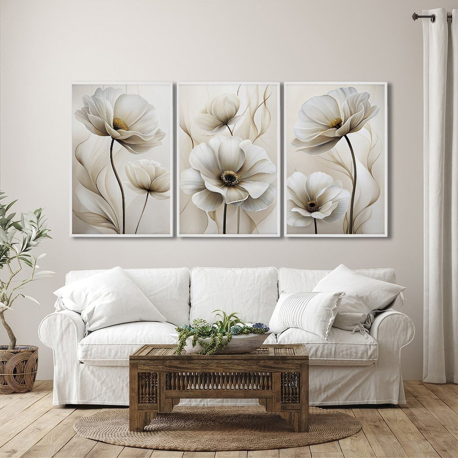 Quadro Decorativo Modelo Floral Ii Com 3 Telas De Parede Para Sala Quarto Escritório 60cm X 90cm Sem Vidro Branco