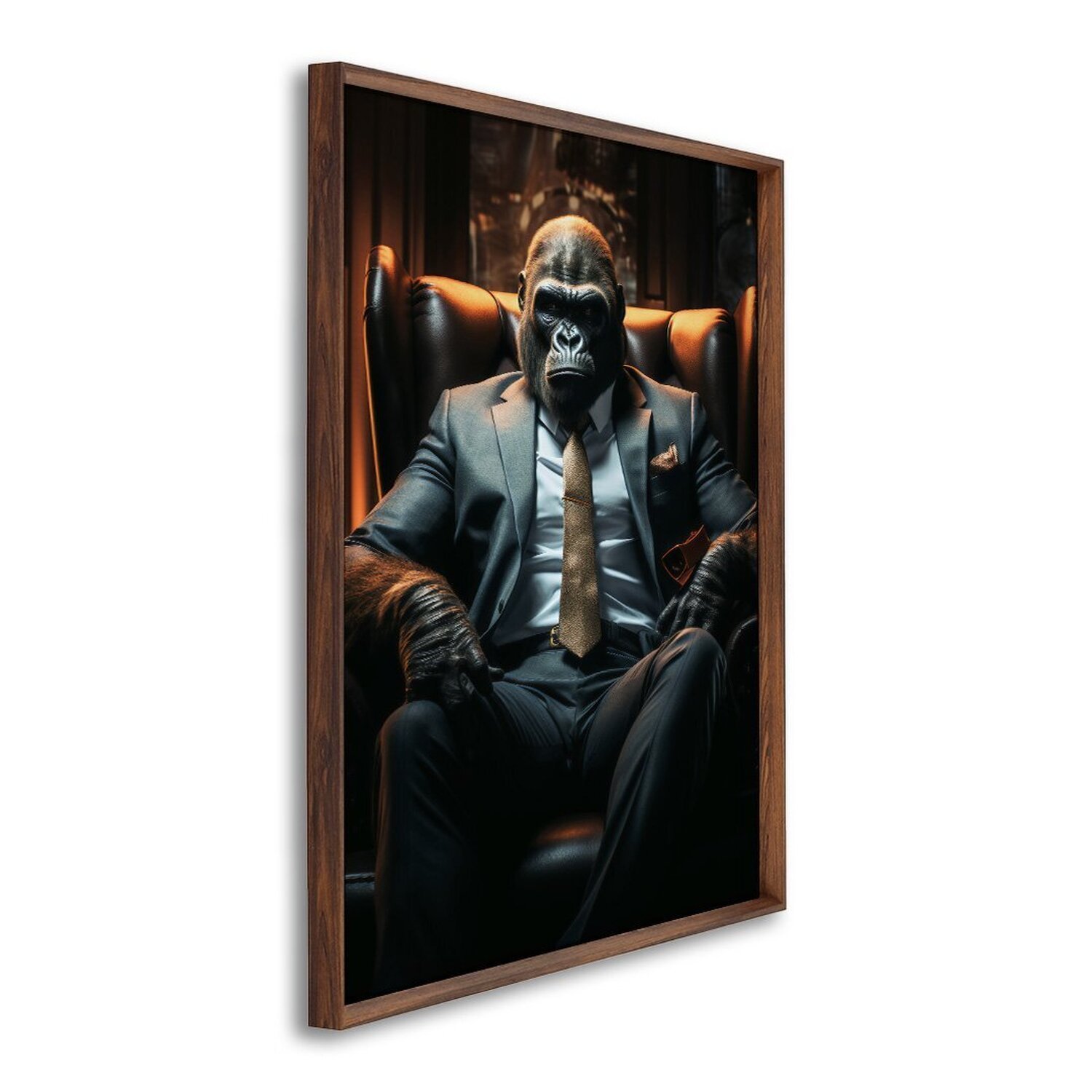 Quadro Decorativo Macaco Modelo Boss Chefe Com 1 Tela 60x90cm Para Sala Quarto Escritório Sem Vidro Marrom