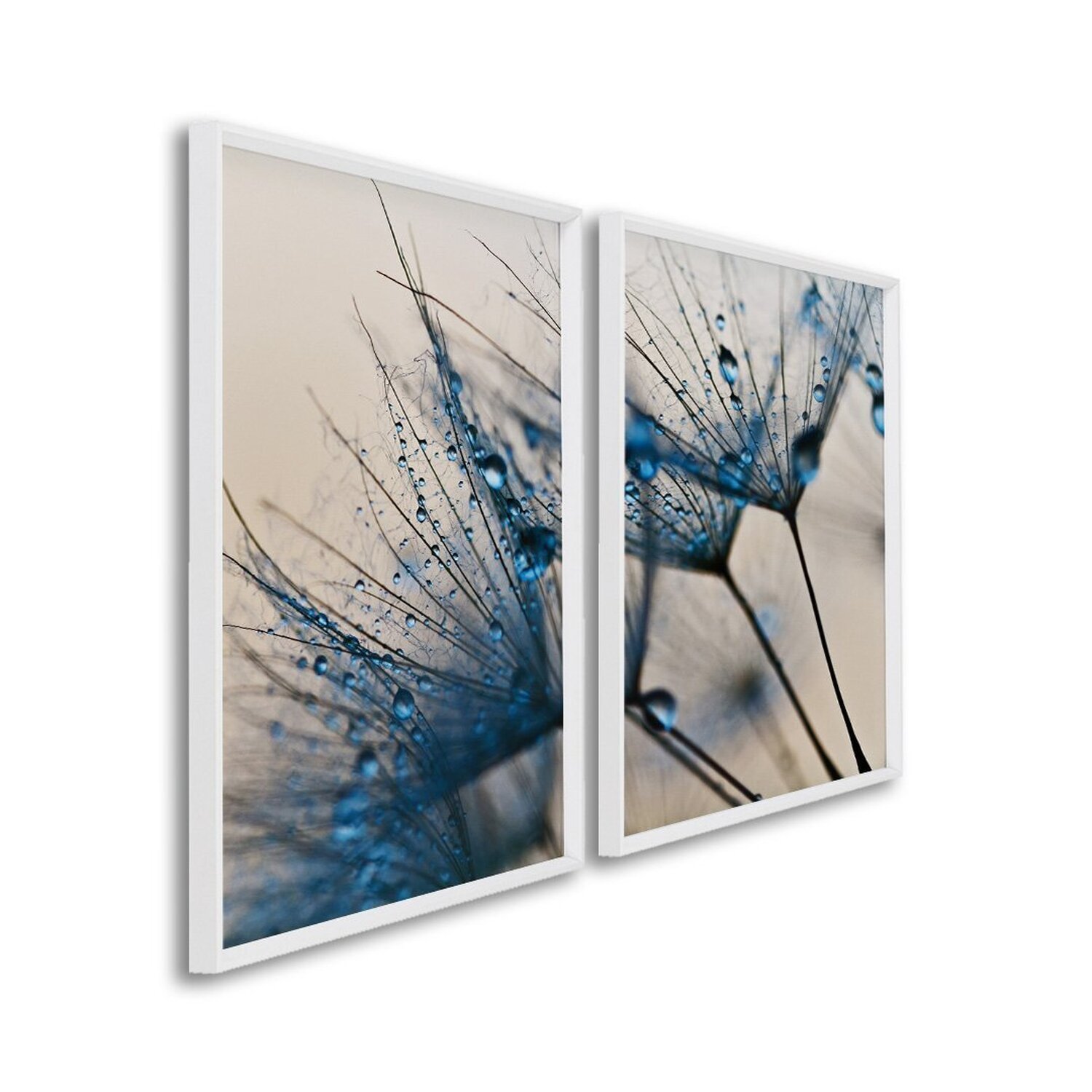 Quadro Decorativo Dente De Leão Azul Com 2 Telas De Parede Para Sala Quarto Escritório 60cm X 90cm Com Vidro Branco
