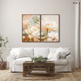 Quadro Decorativo Floral Flor De Lótus Com 2 Telas De Parede Para Sala Quarto Escritório 60cm X 90cm Com Vidro Preto