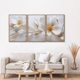 Quadro Decorativo Floral Delicado Magnólias Com 3 Telas De Parede Para Sala Quarto Escritório 60cm X Sem Vidro Branco