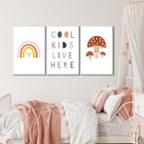 Quadro Decorativo Infantil Crianças Sol E Arco Íris Com 3 Telas De Parede Para Quarto Sala Brinquedo Com Vidro Branco