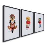 Quadro Decorativo Infantil Ursinhos Estilosos Com 3 Telas De Parede Para Quarto Sala Brinquedoteca 6 Sem Vidro Preto