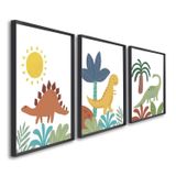 Quadro Decorativo Infantil Dinossauros Com 3 Telas De Parede Para Quarto Sala Brinquedoteca 60cm X 9 Sem Vidro Preto