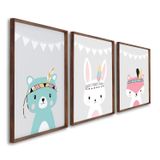 Quadro Decorativo Amigos Da Natureza Infantil Com 3 Telas Cm De Parede Para Quarto Sala Brinquedotec Sem Vidro Marrom