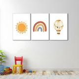 Quadro Decorativo Infantil Sol Balão E Arco Íris Com 3 Telas Cm De Parede Para Quarto Sala Brinquedo Com Vidro Branco