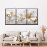 Quadro Decorativo Modelo Floral Com 3 Telas De Parede Para Sala Quarto Escritório 60cm X 90cm Sem Vidro Branco