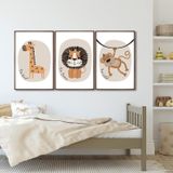 Quadro Decorativo Infantil Animais Da Selva Com 3 Telas De Parede Para Quarto Sala Brinquedoteca 60c Com Vidro Marrom