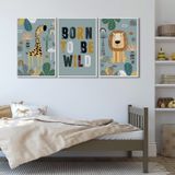 Quadro Decorativo Infantil Pequenos Selvagens Com 3 Telas De Parede Para Quarto Sala Brinquedoteca 6 Com Vidro Branco