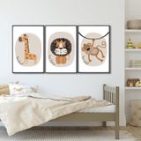 Quadro Decorativo Infantil Animais Da Selva Com 3 Telas De Parede Para Quarto Sala Brinquedoteca 60c Com Vidro Preto