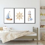 Quadro Decorativo Mar De Aventuras Infantil Com Navio E Farol Com 3 Telas De Parede Para Quarto Sala Com Vidro Preto